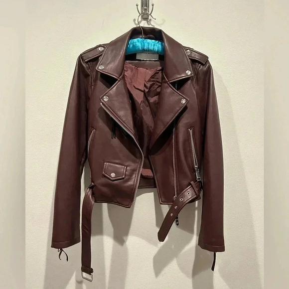 REBECCA MINKOFF Burgundy Faux Leather Moto Jacket / Size XS - Picture 1 of 6